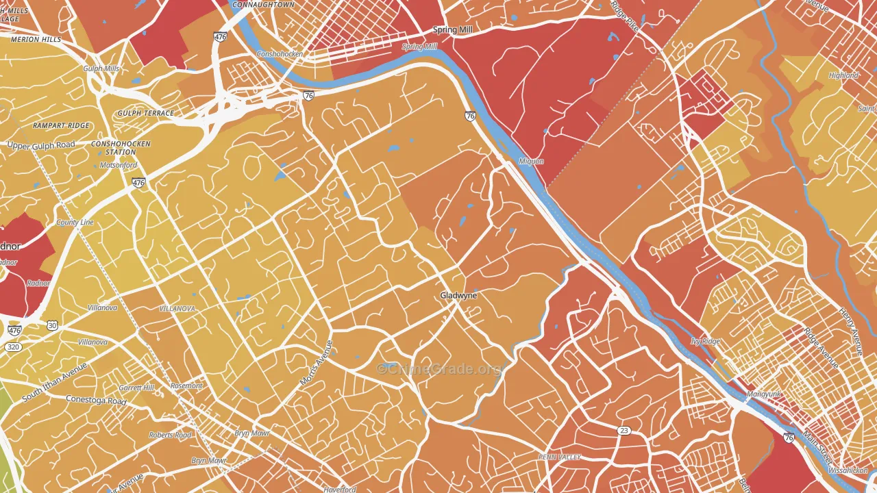 Gladwyne, PA Map of Vehicle Theft Rates