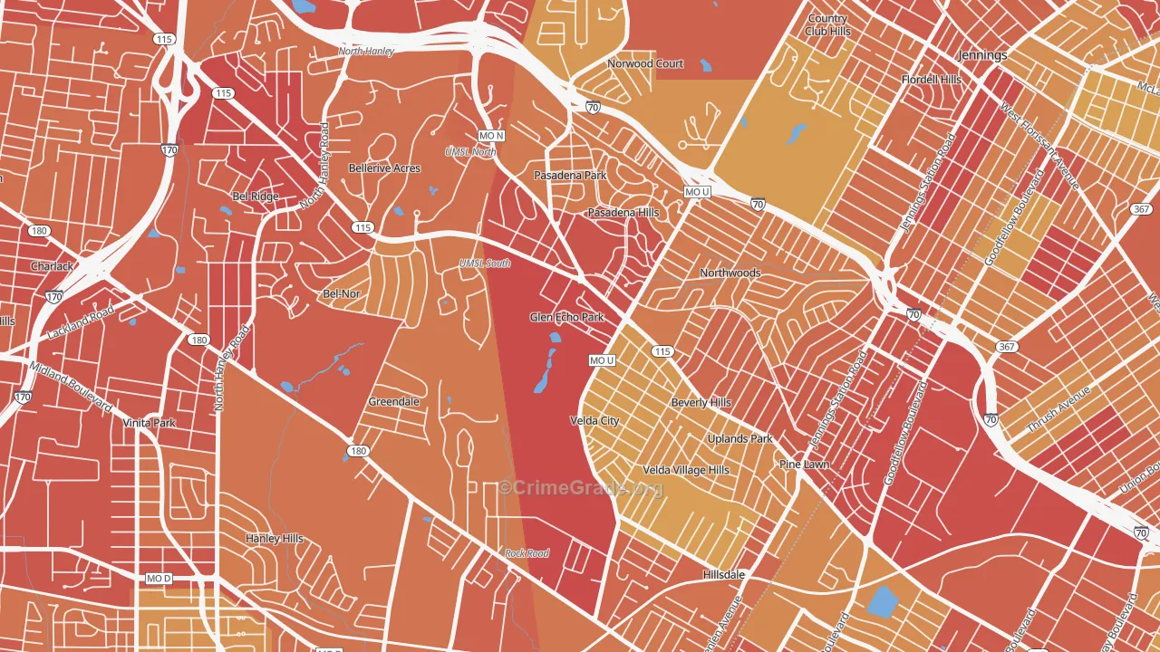 Glen Echo Park, MO Map of Vehicle Theft Rates