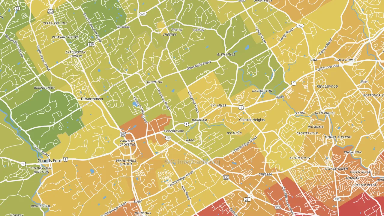 Glen Mills, PA Map of Vehicle Theft Rates