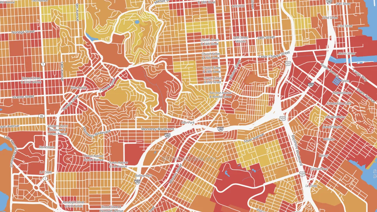 Glen Park, San Francisco, CA Map of Vehicle Theft Rates