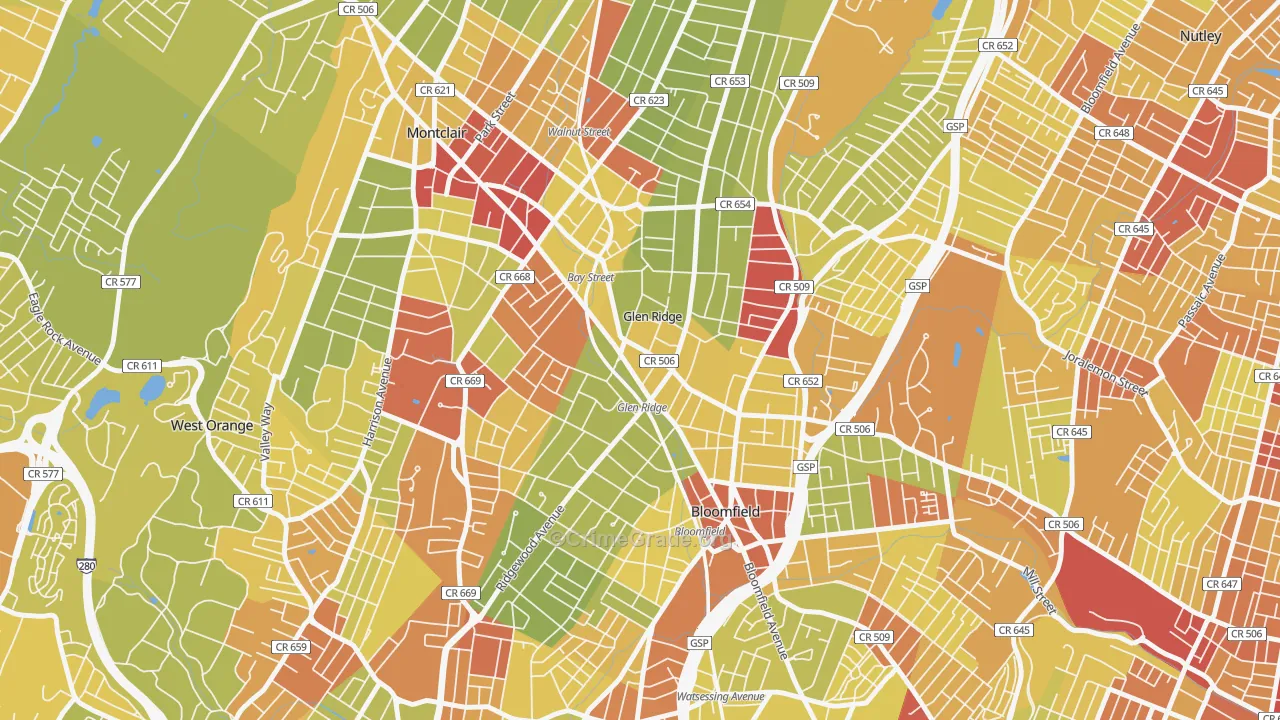 Glen Ridge, NJ Map of Vehicle Theft Rates