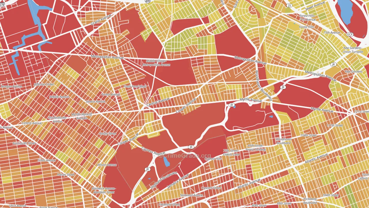 Glendale, Queens, NY Map of Vehicle Theft Rates