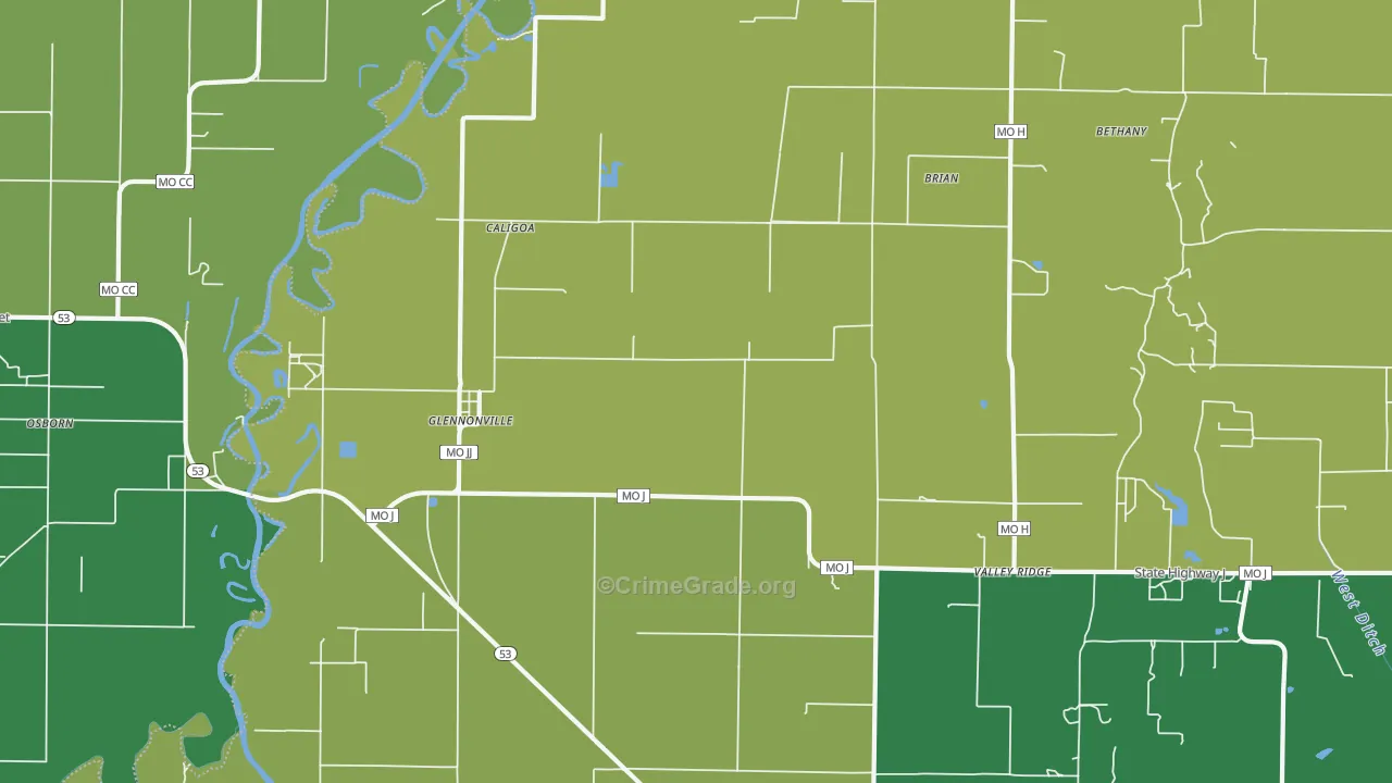 Glennonville, MO Map of Vehicle Theft Rates