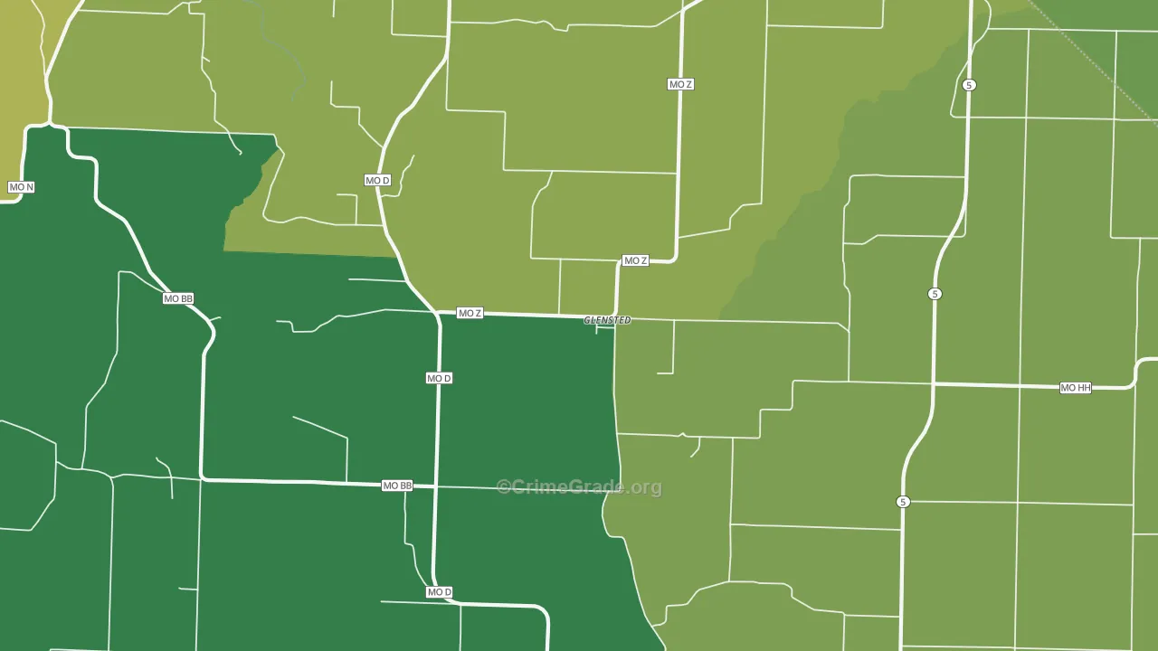 Glensted, MO Map of Vehicle Theft Rates