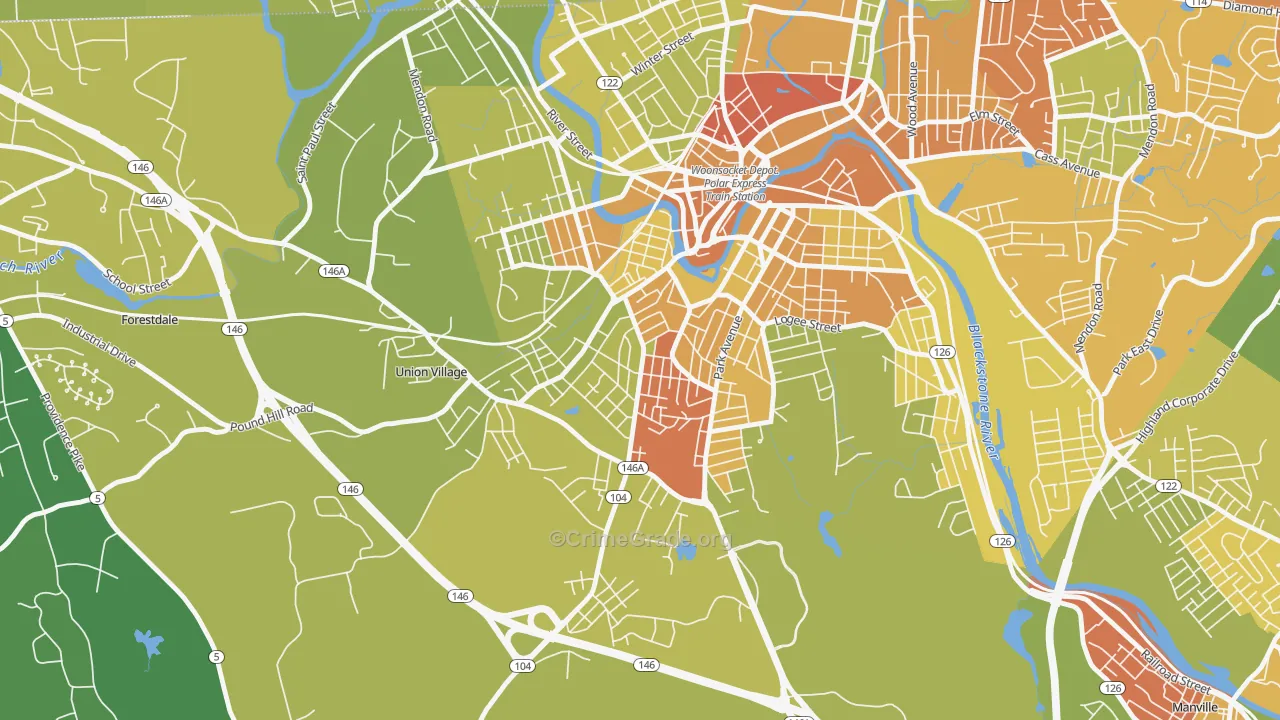 Globe, Woonsocket, RI Map of Vehicle Theft Rates