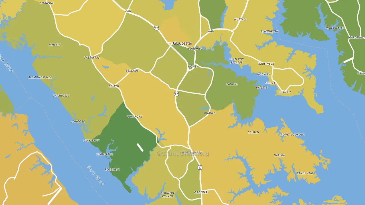 Gloucester County, VA Map of Vehicle Theft Rates