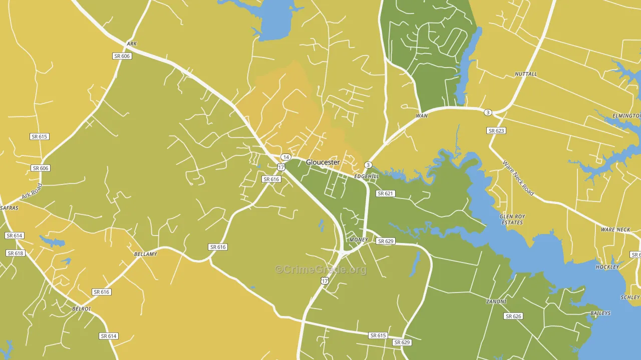 Gloucester Courthouse, VA Map of Vehicle Theft Rates