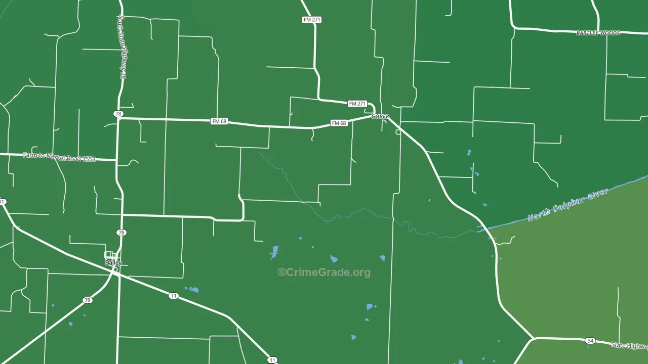 Gober, TX Map of Vehicle Theft Rates