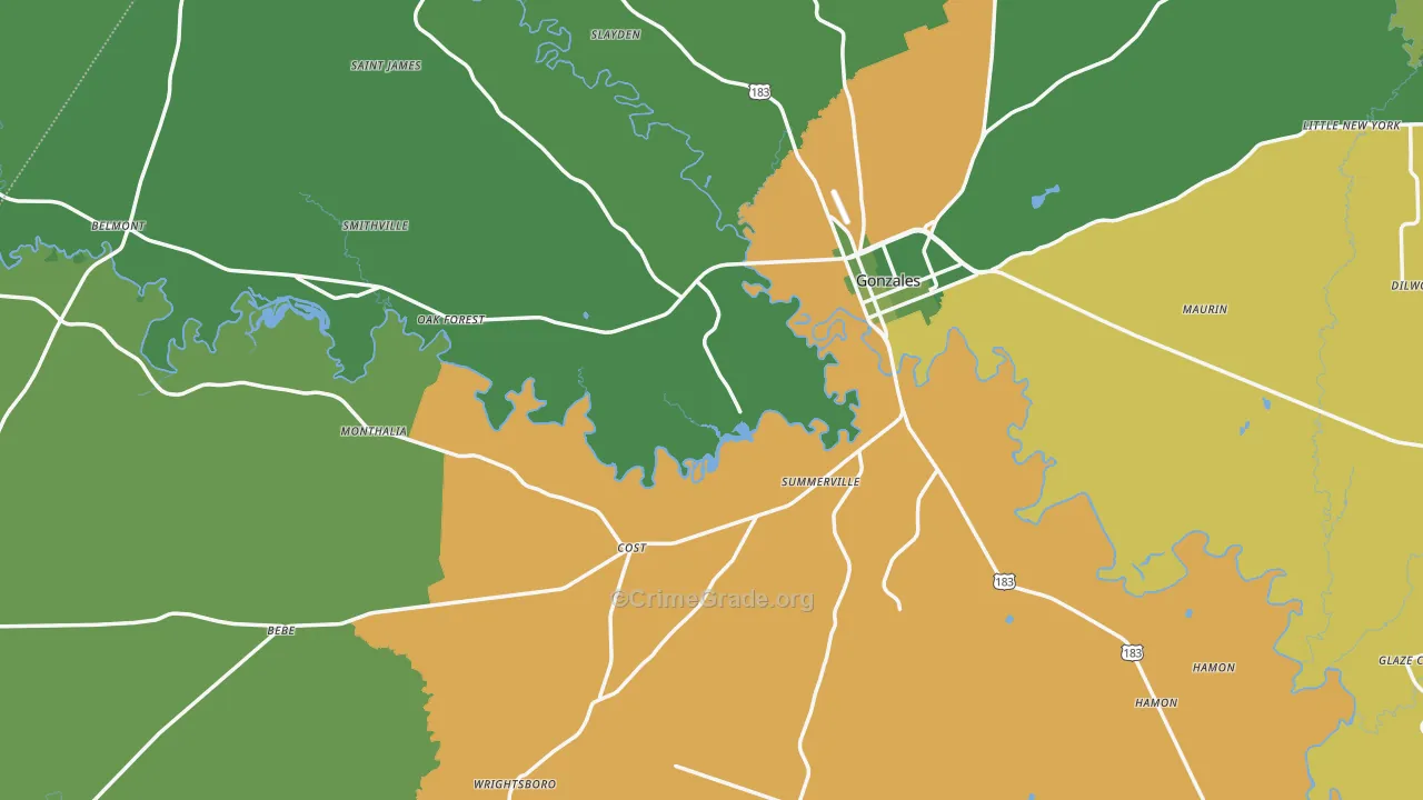 Gonzales County, TX Map of Vehicle Theft Rates