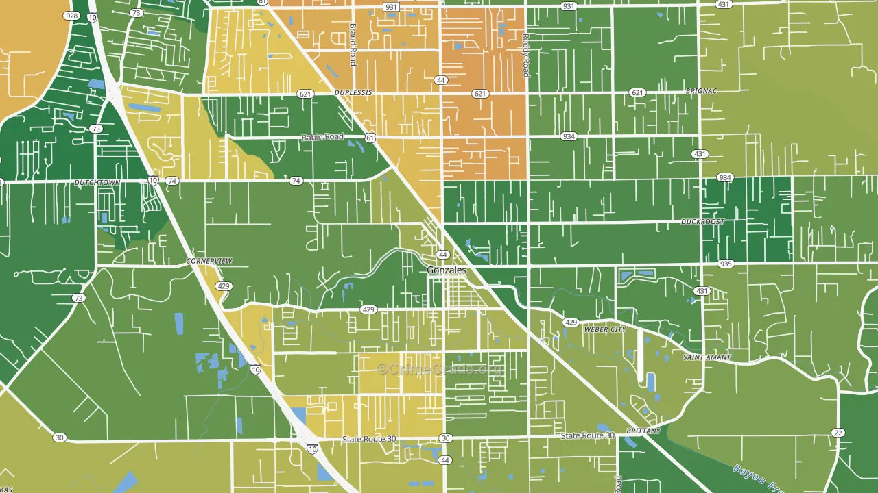 Gonzales, LA Map of Vehicle Theft Rates