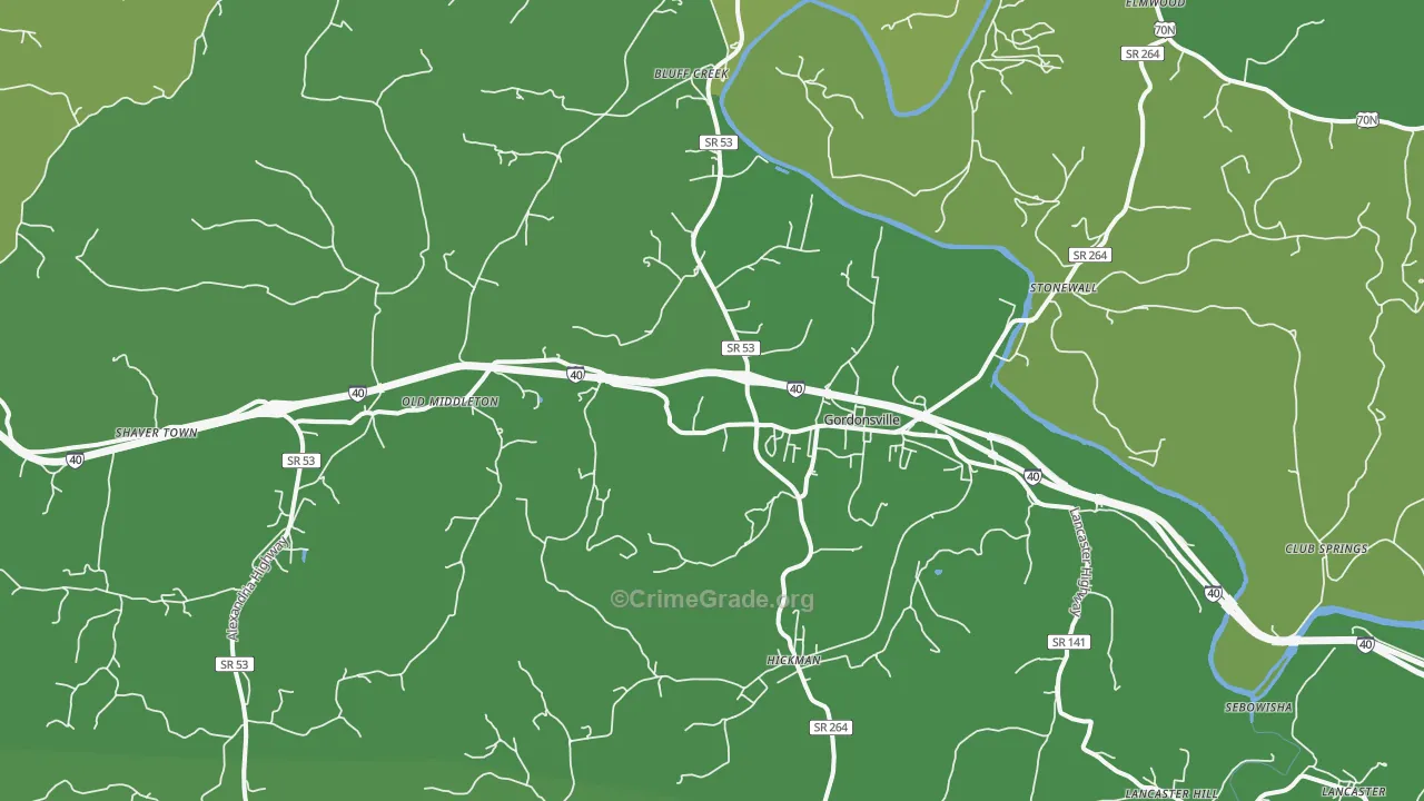 Gordonsville, TN Map of Vehicle Theft Rates