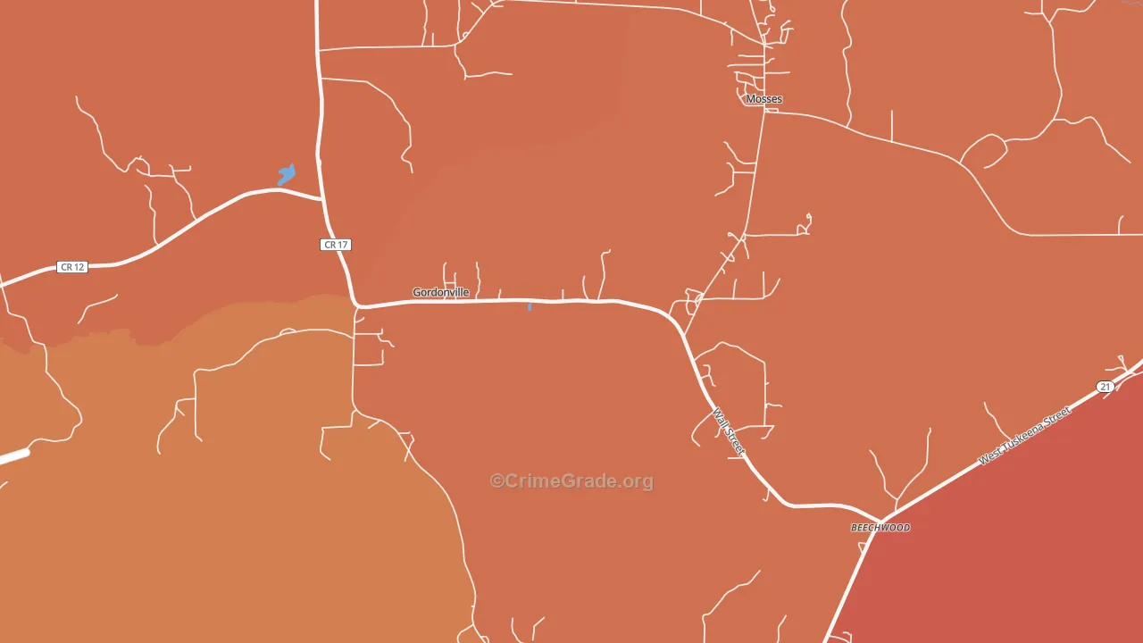 Gordonville, AL Map of Vehicle Theft Rates