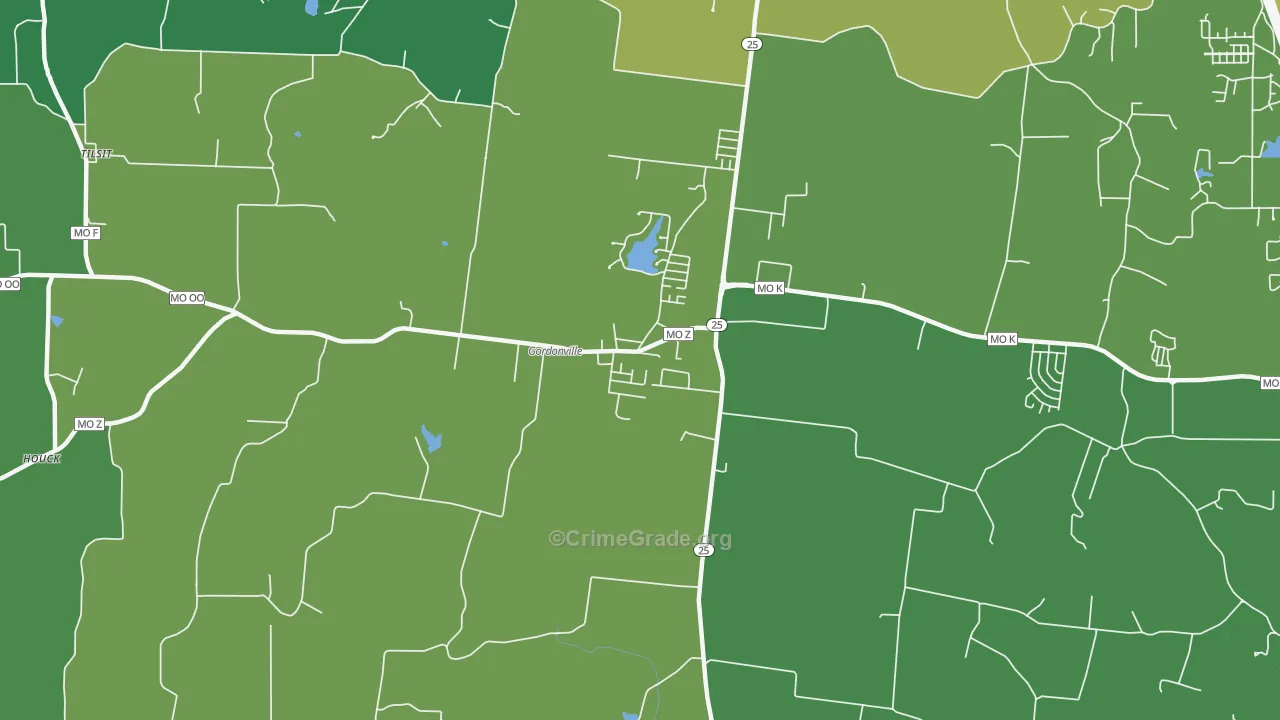 Gordonville, MO Map of Vehicle Theft Rates