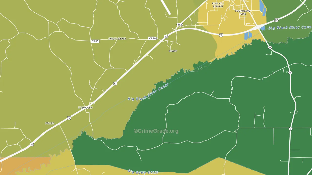 Grady, MS Map of Vehicle Theft Rates