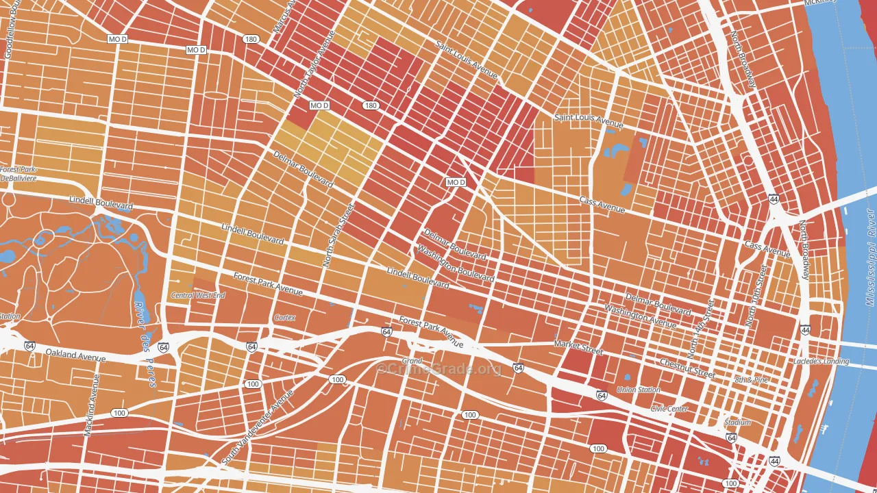 Grand Center, St. Louis, MO Map of Vehicle Theft Rates