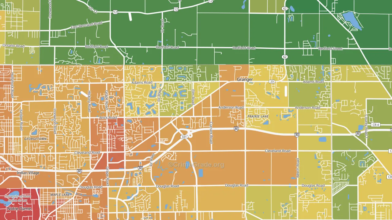 Granger, IN Map of Vehicle Theft Rates