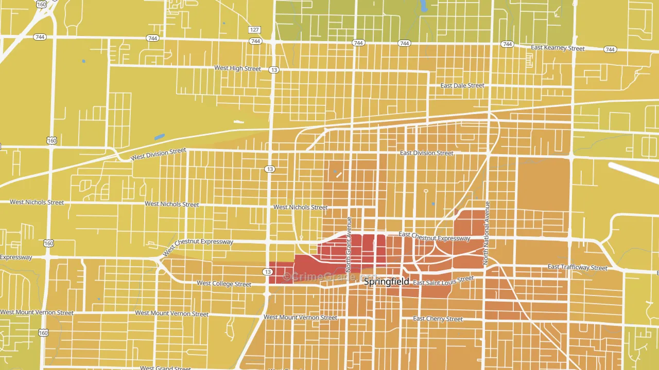 Grant Beach, Springfield, MO Map of Vehicle Theft Rates