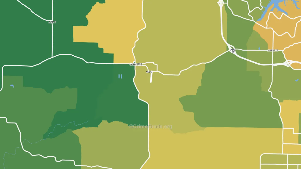 Gravette, AR Map of Vehicle Theft Rates