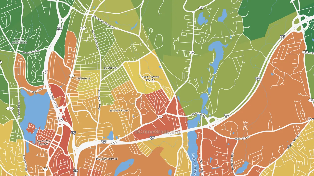 Great Brook Valley, Worcester, MA Map of Vehicle Theft Rates