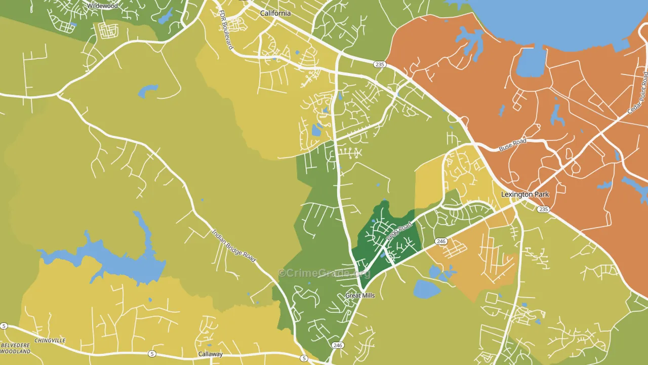 Great Mills, MD Map of Vehicle Theft Rates