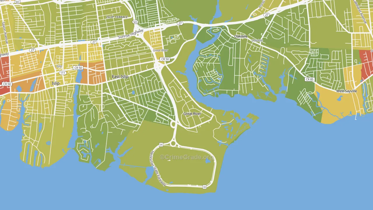 Great River, NY Map of Vehicle Theft Rates