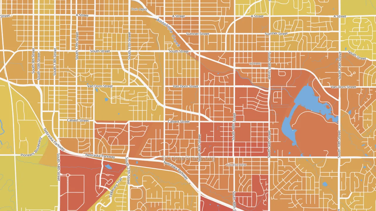 Greater South, Lincoln, NE Map of Vehicle Theft Rates