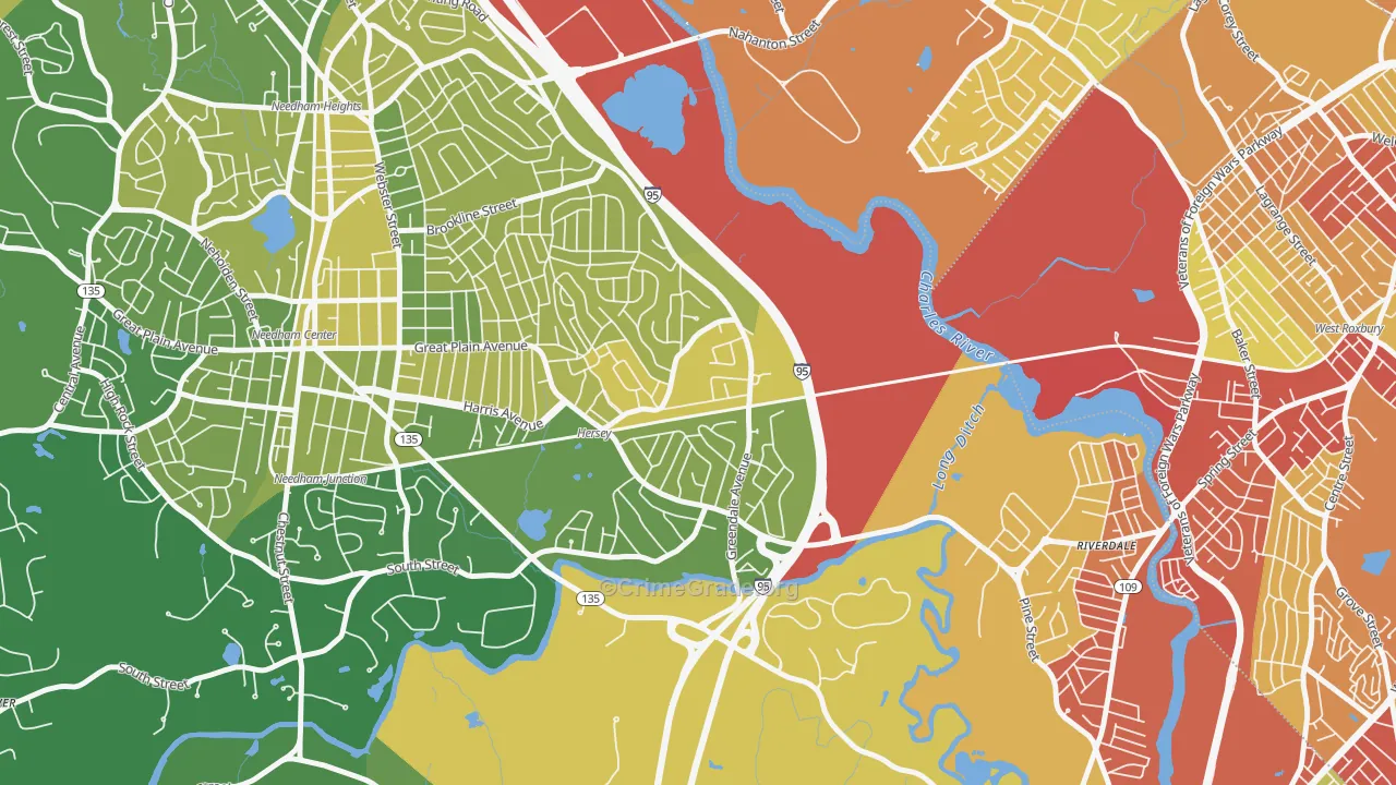 Greendale Village, Needham, MA Map of Vehicle Theft Rates