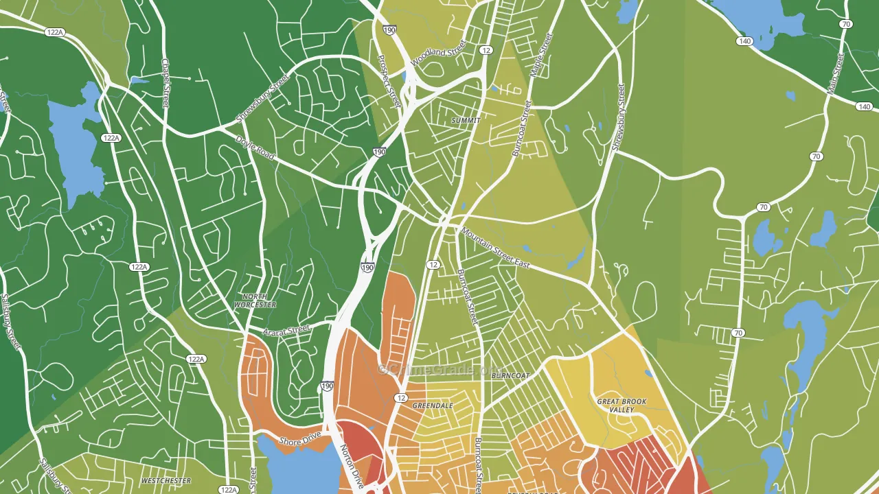 Greendale, Worcester, MA Map of Vehicle Theft Rates