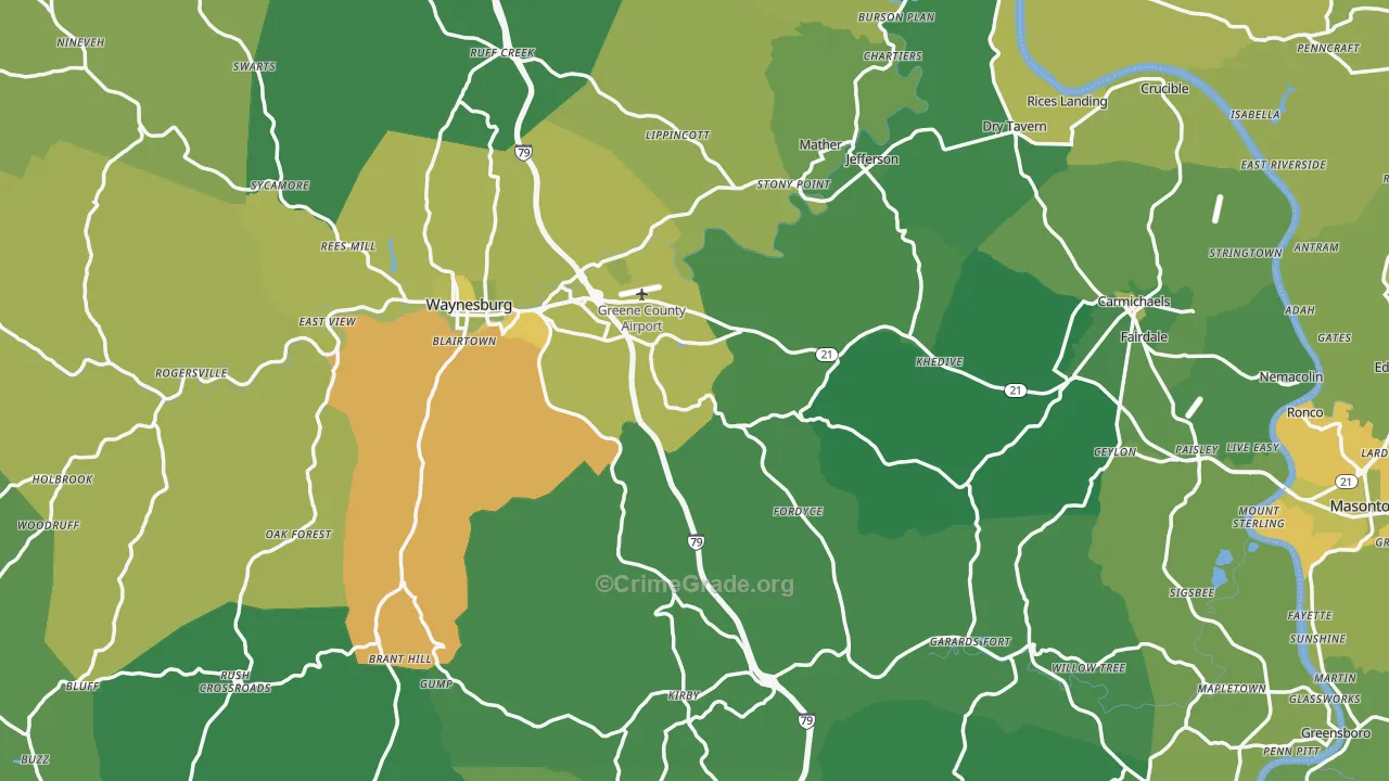 Greene County, PA Map of Vehicle Theft Rates