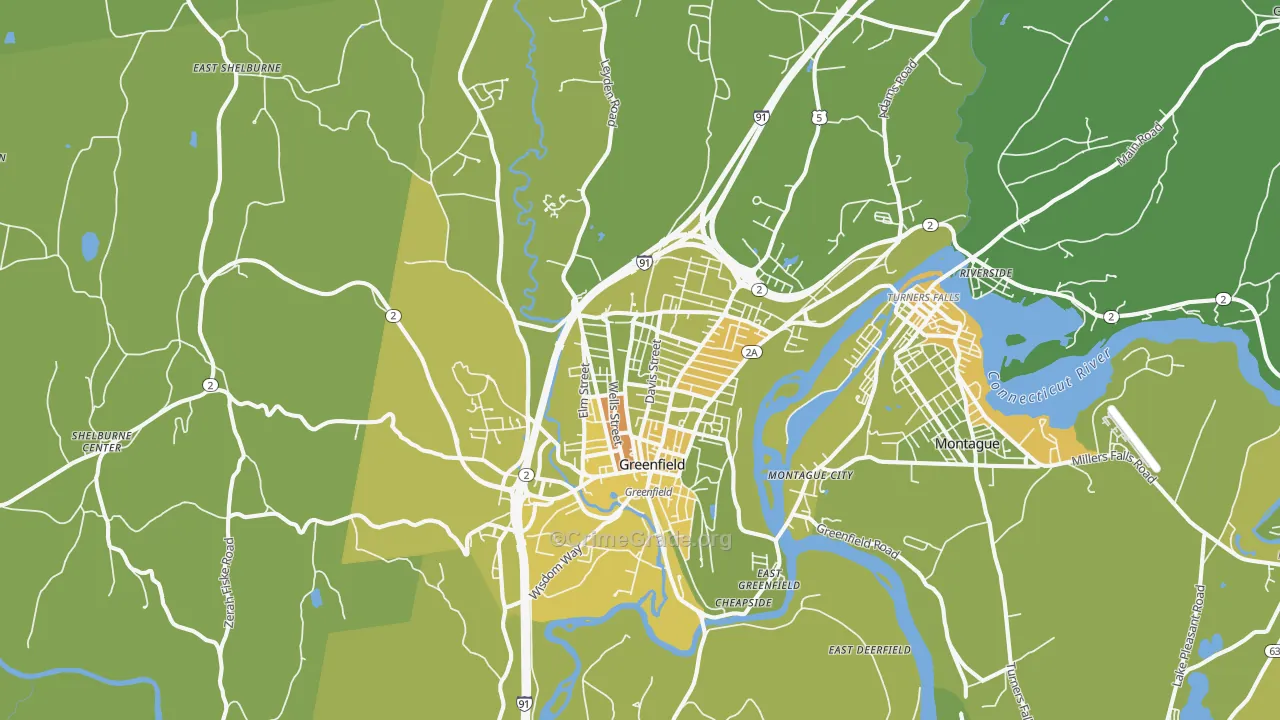 Greenfield, MA Map of Vehicle Theft Rates