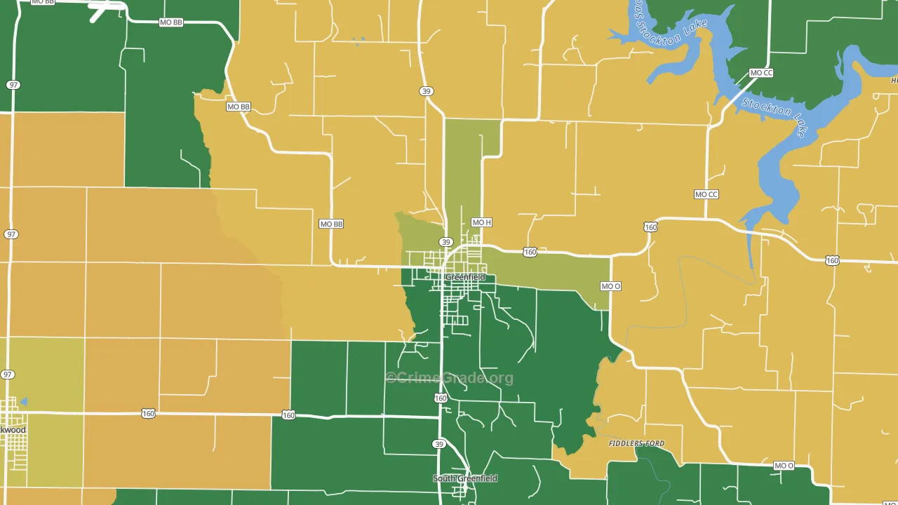 Greenfield, MO Map of Vehicle Theft Rates