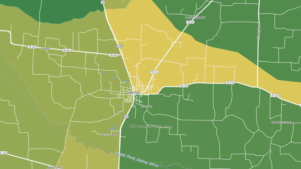 Greenfield, TN Map of Vehicle Theft Rates