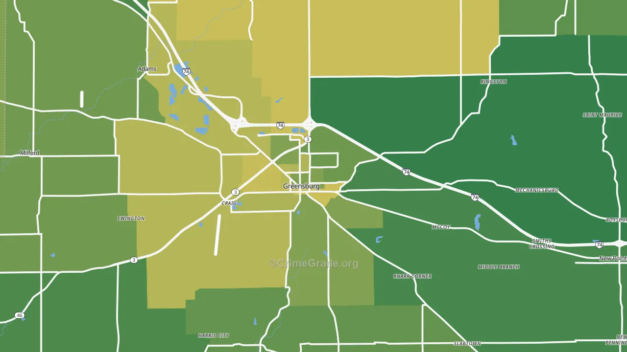 Greensburg, IN Map of Vehicle Theft Rates