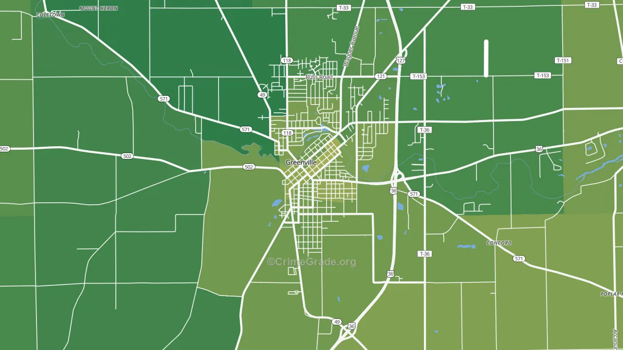 Greenville South Broadway Historic District, Greenville, OH Map of Vehicle Theft Rates