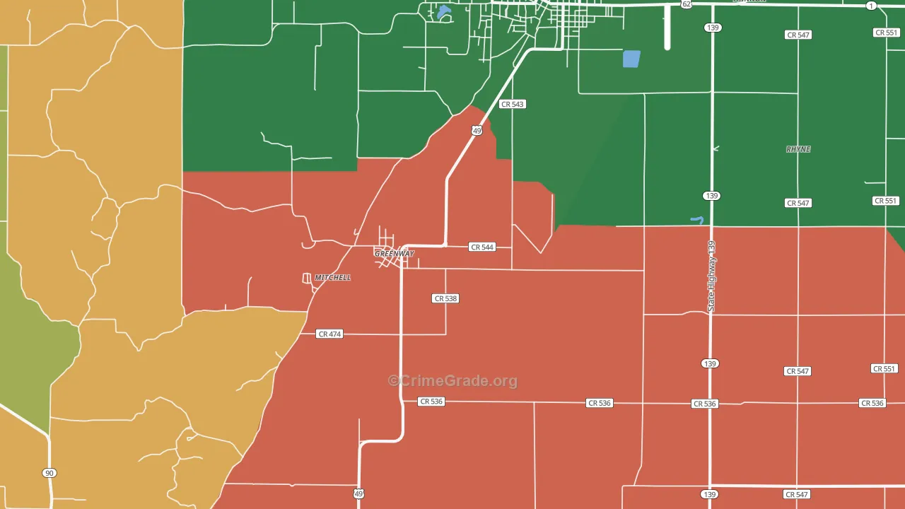 Greenway, AR Map of Vehicle Theft Rates