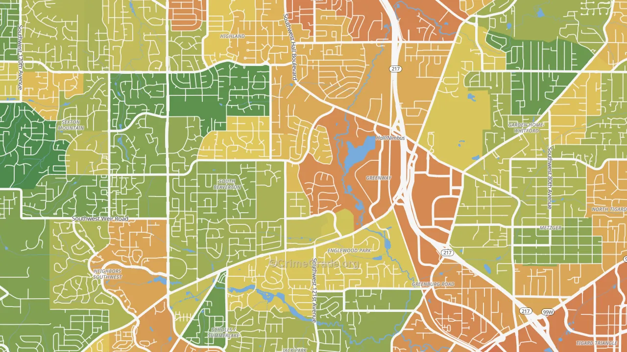 Greenway, Beaverton, OR Map of Vehicle Theft Rates
