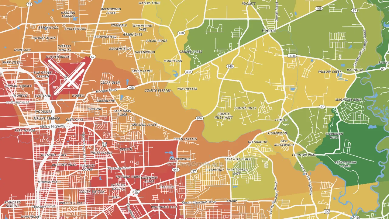 Greenwell Springs-Central Area, Baton Rouge, LA Map of Vehicle Theft Rates