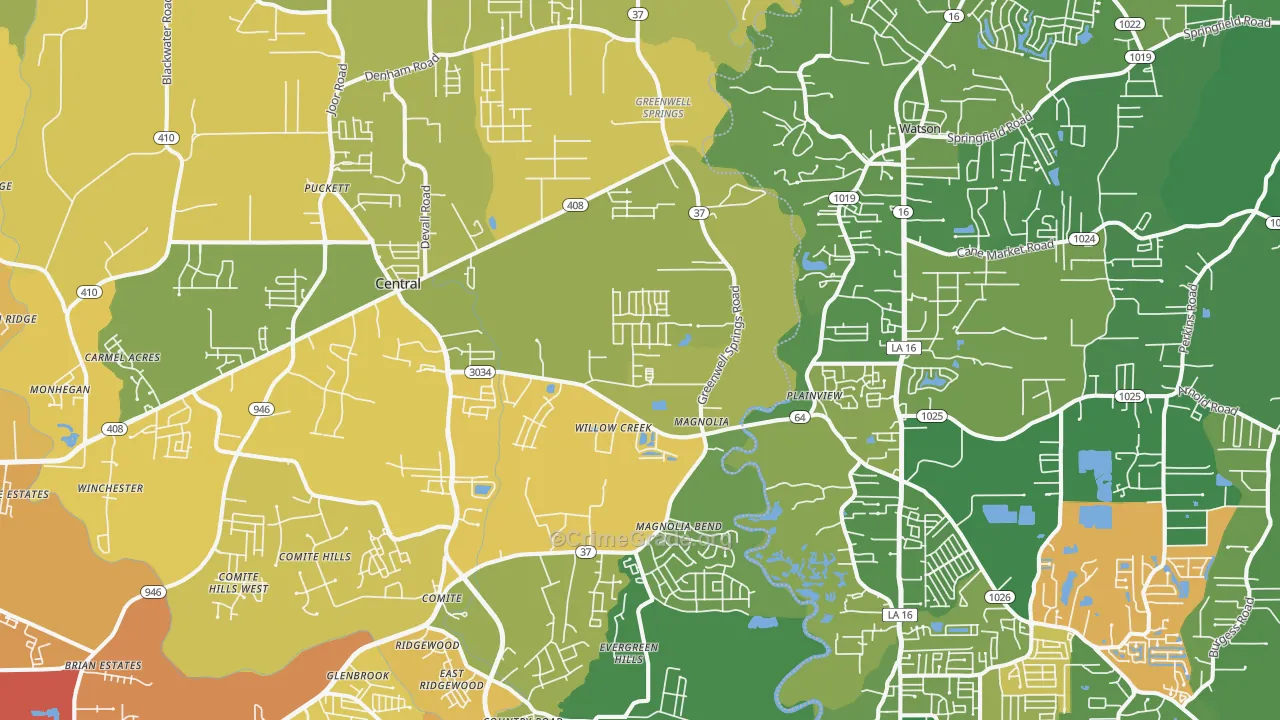 Greenwell Springs, LA Map of Vehicle Theft Rates