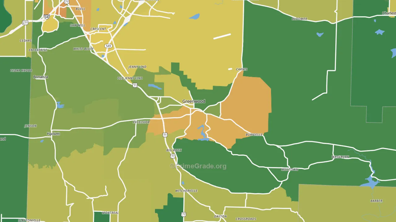 Greenwood, AR Map of Vehicle Theft Rates