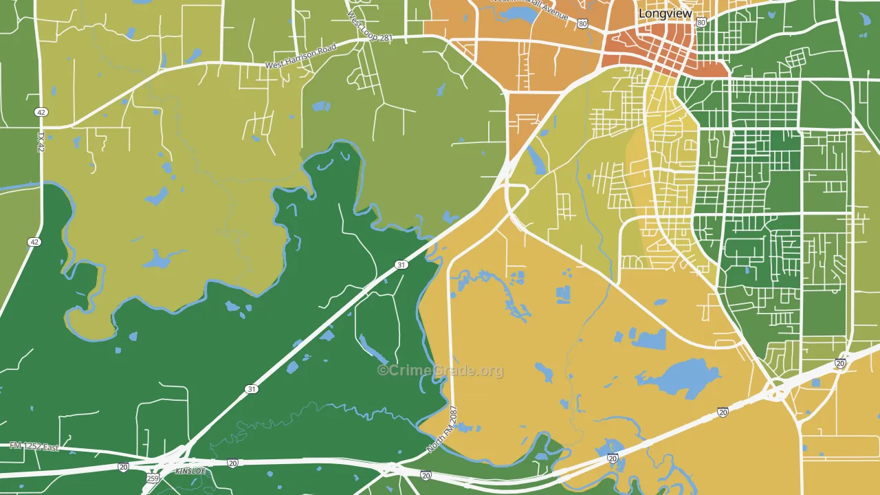Greggton, TX Map of Vehicle Theft Rates