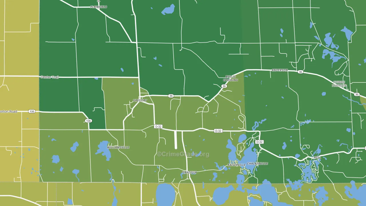 Gregory, MI Map of Vehicle Theft Rates