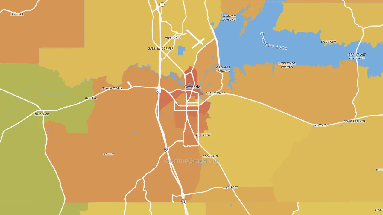Grenada County, MS Map of Vehicle Theft Rates