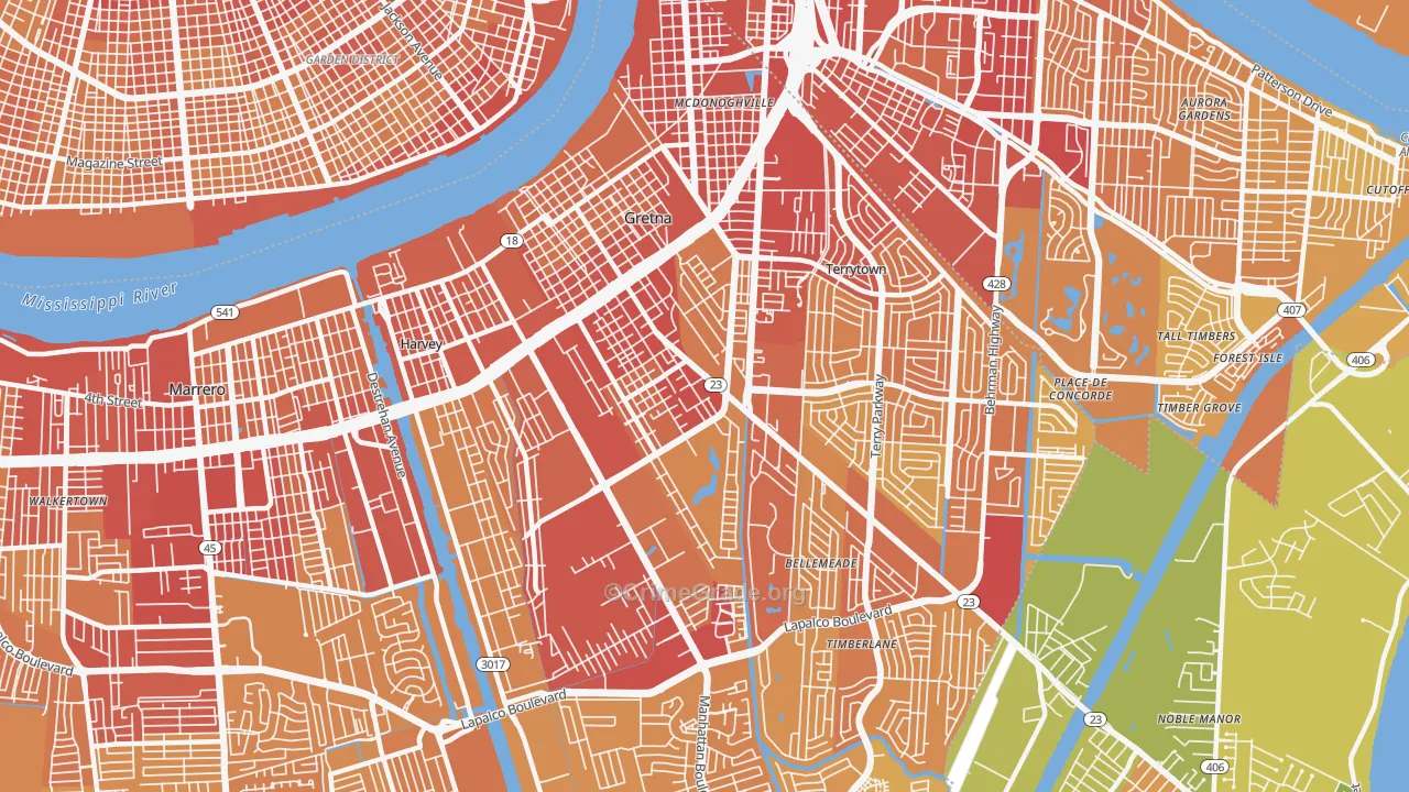 Gretna, LA Map of Vehicle Theft Rates