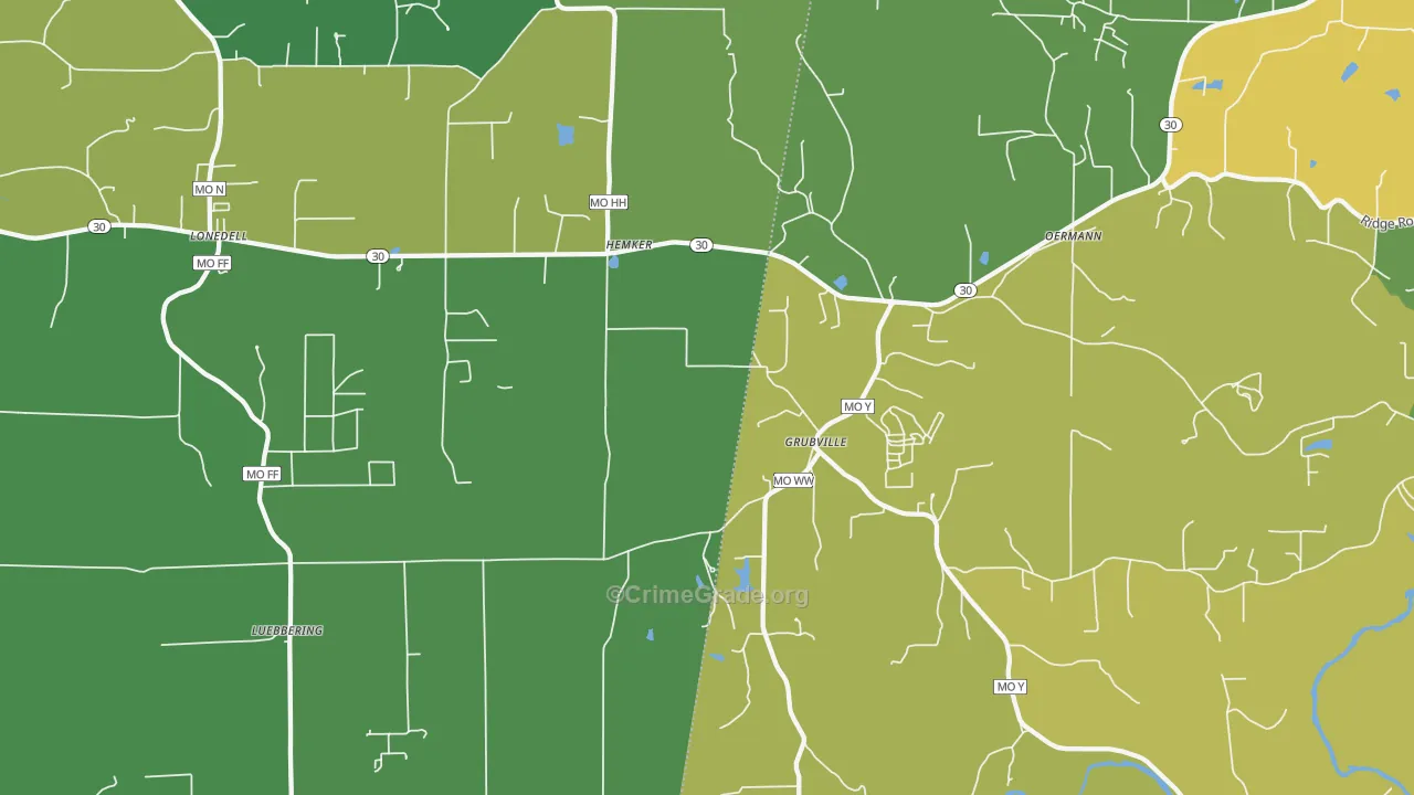 Grubville, MO Map of Vehicle Theft Rates
