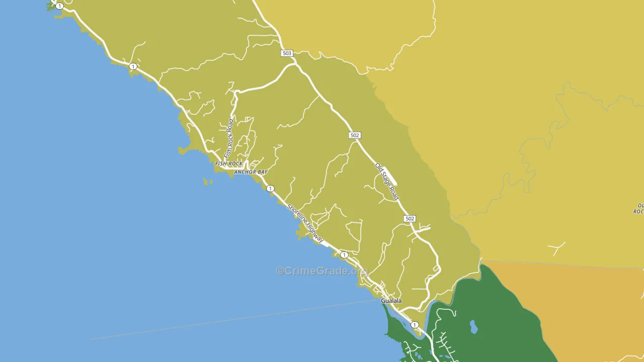 Gualala, CA Map of Vehicle Theft Rates