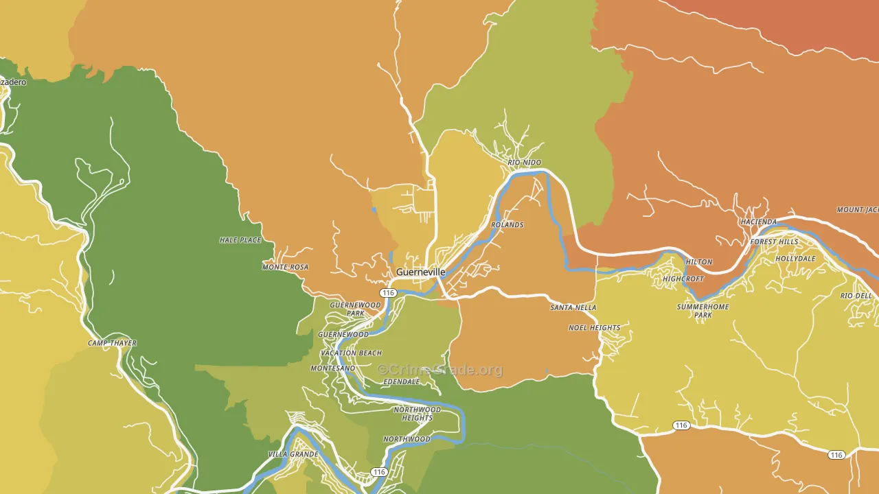 Guerneville, CA Map of Vehicle Theft Rates
