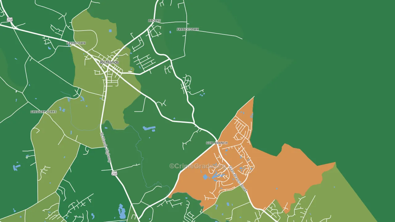 Gum Branch, NC Map of Vehicle Theft Rates
