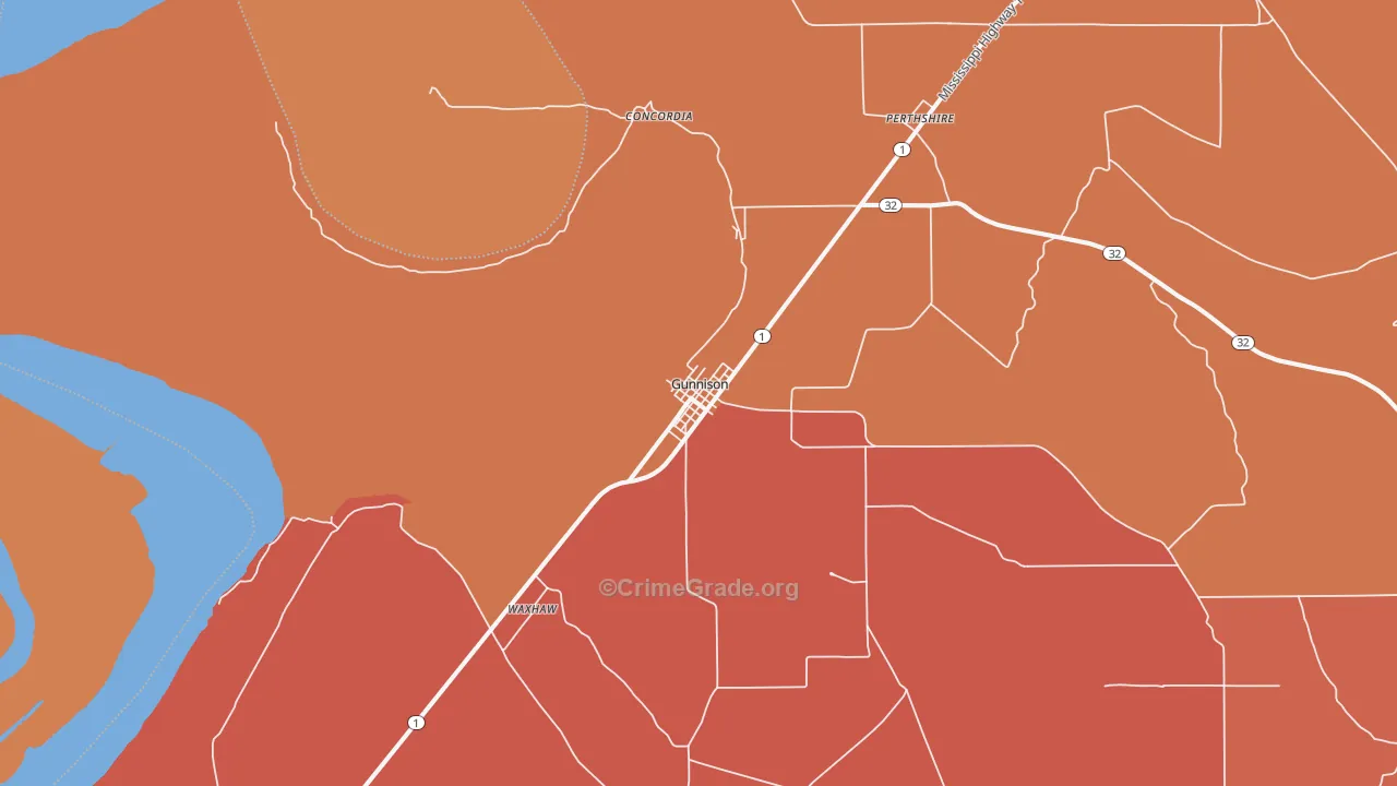 Gunnison, MS Map of Vehicle Theft Rates