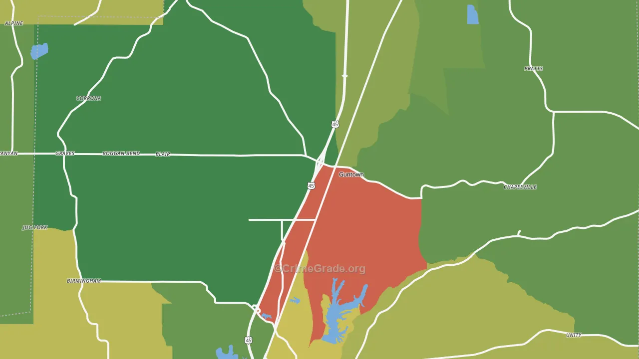 Guntown, MS Map of Vehicle Theft Rates