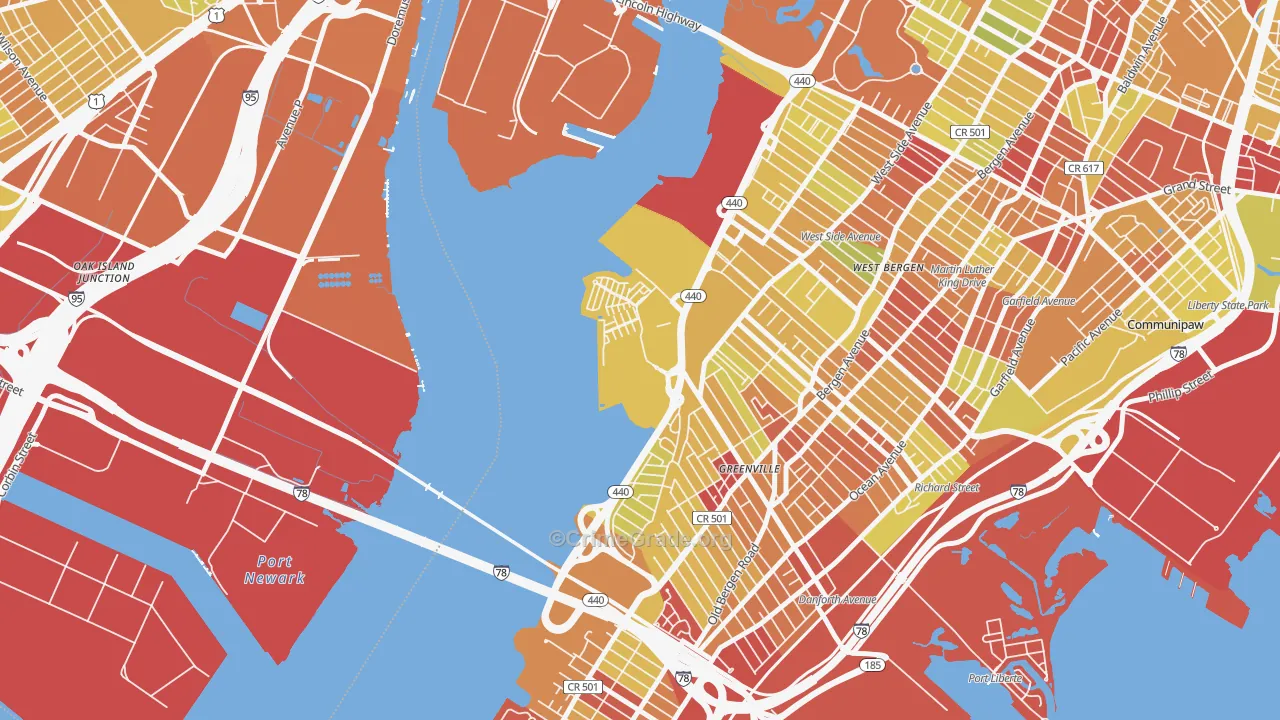 Hackensack Riverfront, Jersey City, NJ Map of Vehicle Theft Rates